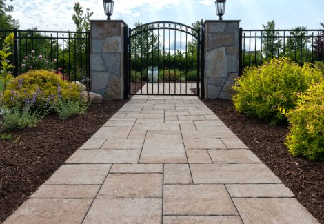 Unilock Beacon Hill Flagstone Walkway to Gates with Pillars