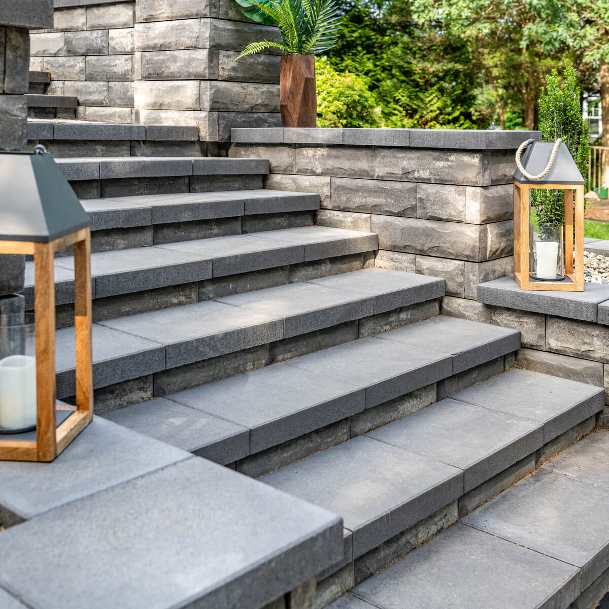 Close up of Unilock Stairs with side Retaining Walls with Coping