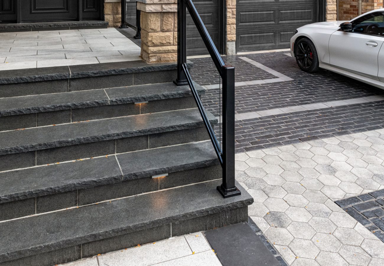 Front Entrance Steps Attached to Unilock Interlocking Driveway